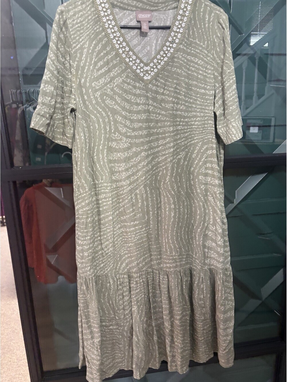 Chico’s Sage Green Design Embellished VNeck Peplum Tiered Dress Size 0